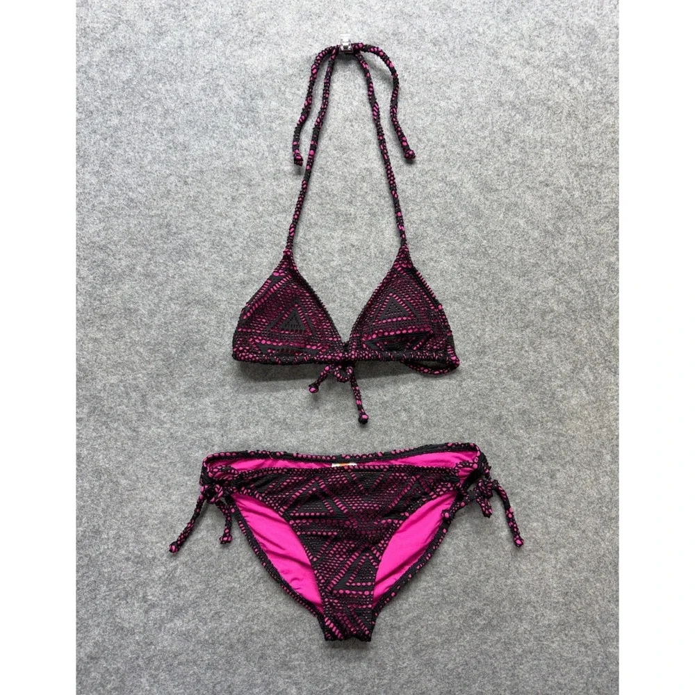 Roxy Girl Pink Black Crochet Geometric Triangle Bikini Set Swimsuit XS? Beach